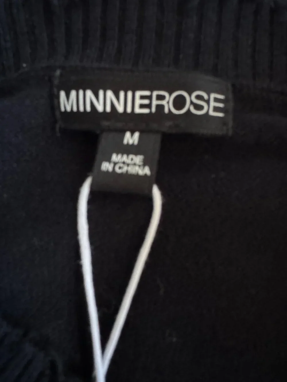 NEW MinnieRose Cashmere Sweater Frayed Edge Crew Black Silver Tone Beads  Med
